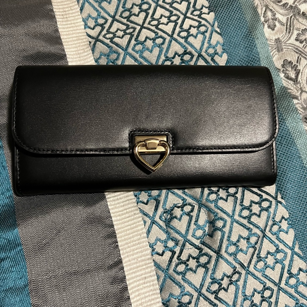 Kate spade large black wallet with gold heart